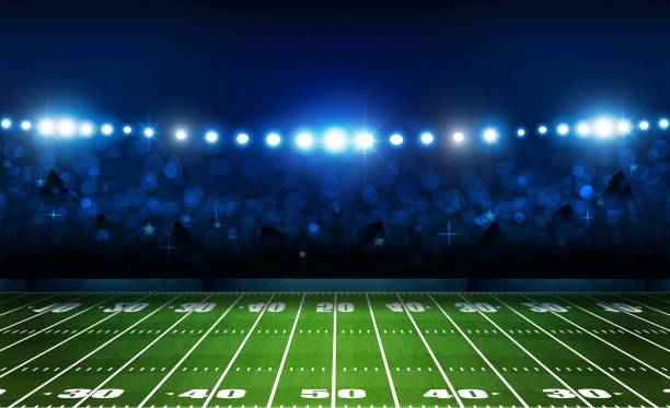 lapangan arena sepak bola amerika dengan desain lampu stadion yang cerah. iluminasi vektor - court line ilustrasi stok
