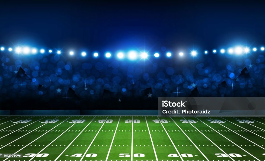 明るいスタジアム ライト デザインを持つアメリカン フットボール アリーナ フィールド。ベクトル照明 - アメリカンフットボールのロイヤリティフリーベクトルアート