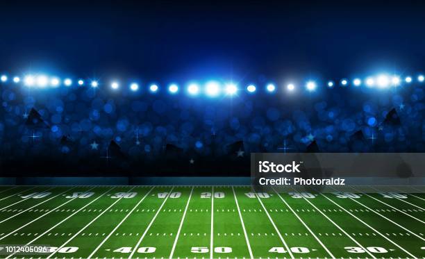 American Football Arena Field With Bright Stadium Lights Design Vector Illumination Stock Illustration - Download Image Now