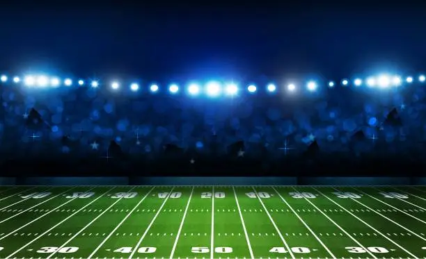 Vector illustration of American football arena field with bright stadium lights design. Vector illumination