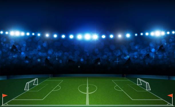 istock Football arena field with bright stadium lights design. Vector illumination 1012405246