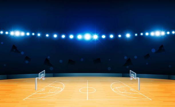 istock Basketball arena field with bright stadium lights design. Vector illumination 1012405572