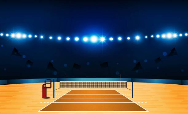 istock Volleyball court arena field with bright stadium lights design. Vector illumination 1012405608