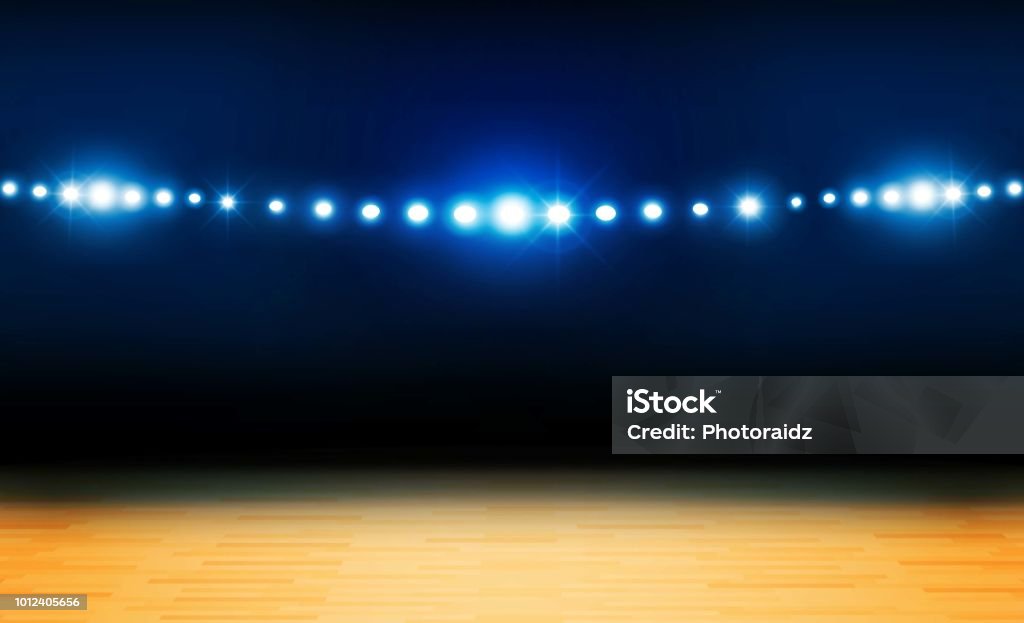 Basketball arena field with bright stadium lights design. Vector illumination Basketball - Sport stock vector