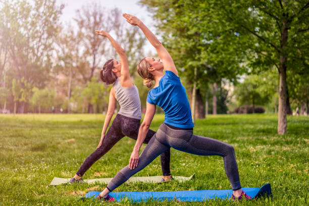 istock Two beautiful women practicing yoga in park. 1012411524