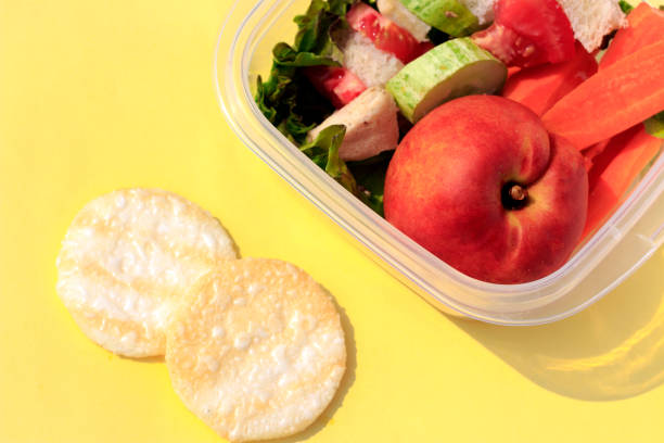 istock lunch of child in plastic boxes on yellow background. Top view, flat lay 1012417270