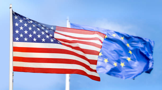 Europe and USA flag Flag USA and Europe isolated on sky background european union flag photos stock pictures, royalty-free photos & images