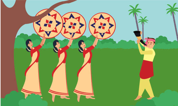 Bihu man blowing on a pepa while Bihu woman dances to his tune holding a jaapi. Man and woman performing Bihu folk dance of Assam. Indian cultural festival celebration concept illustration vector. 20 29 years stock illustrations