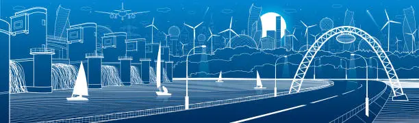 Vector illustration of City infrastructure industrial and energy illustration panorama. Hydro power plant. River Dam. Automobile road. Illuminated highway. White lines on blue background. Vector design art