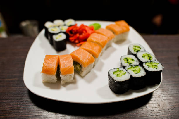 istock Different sushi rolls with fish on the plate. 1012439234