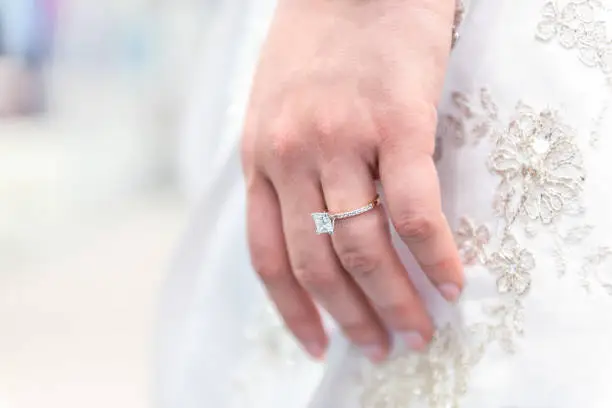 Closeup of princess cut diamond engagement ring on woman's female hand, white wedding dress, background