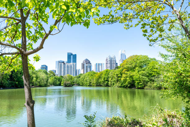 Photo of Cityscape, skyline view in Piedmont Park in Atlanta, Georgia looking, framing through trees, scenic water, urban city skyscrapers downtown at Lake Clara Meer
