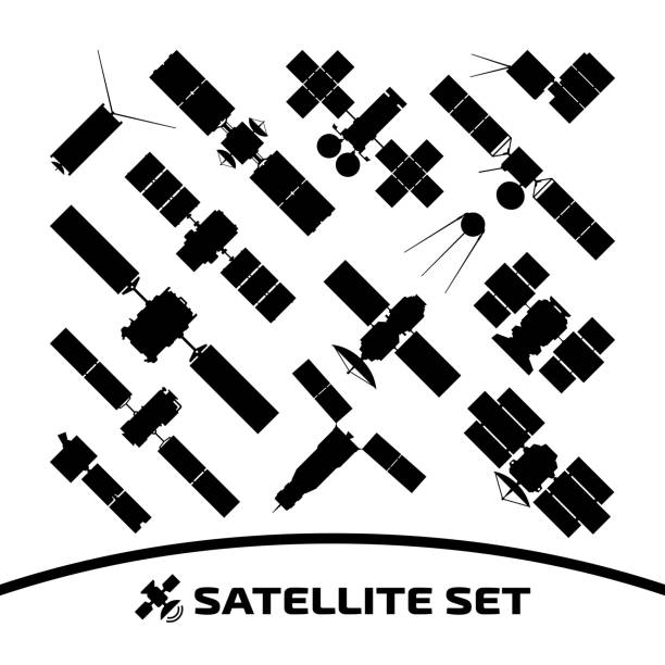 wektor izolowane sylwetka połączenia i zwiadowczy satelita z radarem, panel słoneczny i naczynia na białym tle. - satellite dish stock illustrations