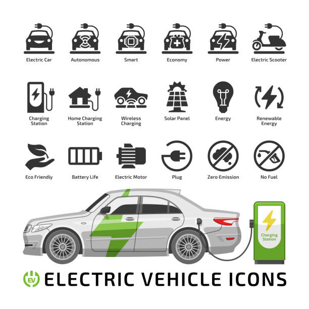 Electric car vector mockup with charge station. Electro vehicle shape icon set with charger, battery power and plug. vector art illustration