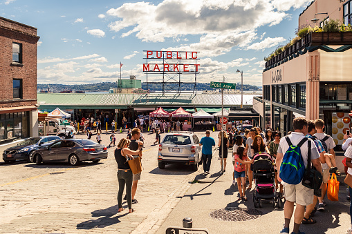 Seattle, Washington, USA - July 6, 2018: Pike Place Market or Public Market Center in summer season, Seattle, Washington, USA