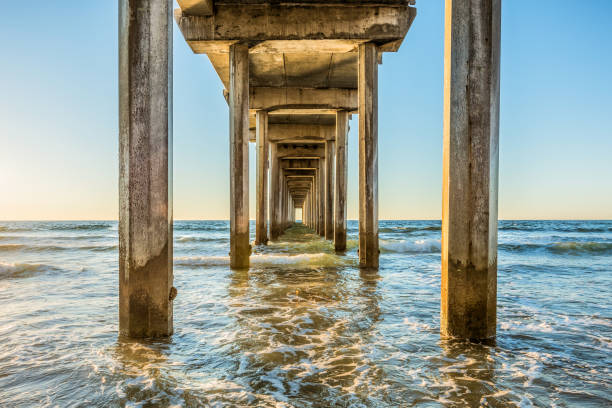 Symmetrical shot under Scripps Pier with poles, pillars, sunny sunlight, sun, blue sky, waves during golden sunset in La Jolla, San Diego, California