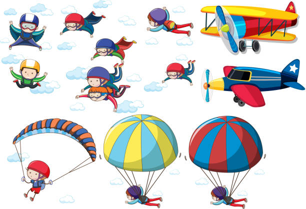 ilustrações de stock, clip art, desenhos animados e ícones de a set of activities in the sky - skydiving tandem parachute parachuting