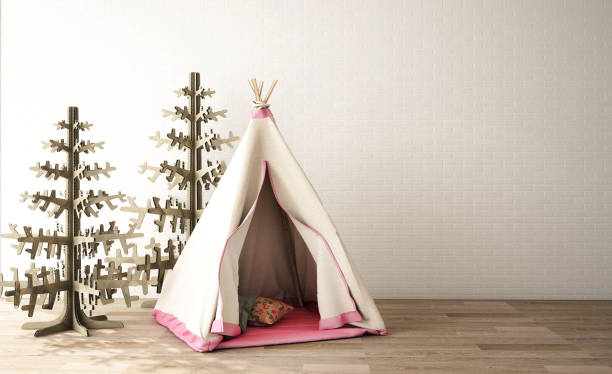 istock interior design with tent on the wood floor and brick wall ,3d illustration 1012455268