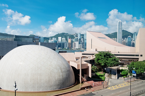 Hong Kong - August 02, 2018 : Hong Kong Cultural Centre and Hong Kong Space Museum. Hong Kong is one of the most densely populated city.