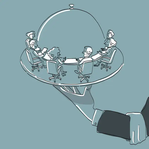 Vector illustration of People meeting around a dome plate with lid while waiters arm holds the tray