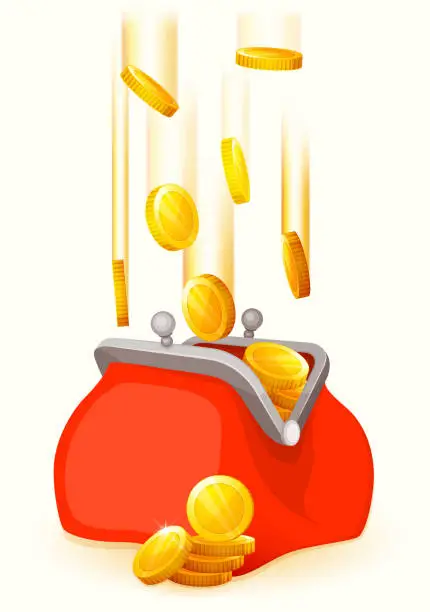 Vector illustration of Gold coins falling in open retro purse. Flat style. Red purse. Vector illustration.