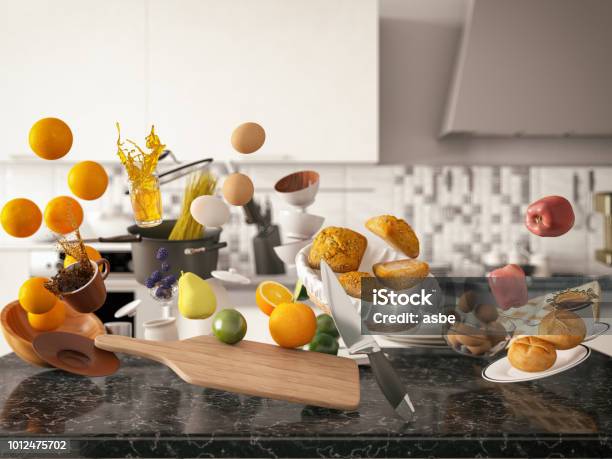Zero Gravity In Kitchen Levitation Stock Photo - Download Image Now - Kitchen Counter, Food, Zero Gravity