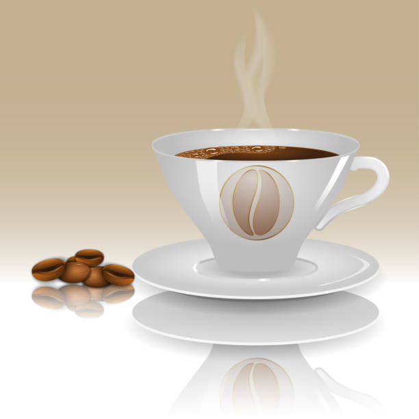 ilustrações de stock, clip art, desenhos animados e ícones de a cup of hot coffee on a beige background with realistic coffee beans. - coffee aromatherapy black black coffee