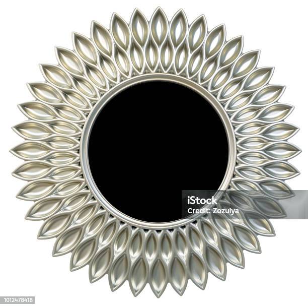 Modern Silver Round Mirror Frame Sun Or Flower Shape Isolated White Background Stock Photo - Download Image Now