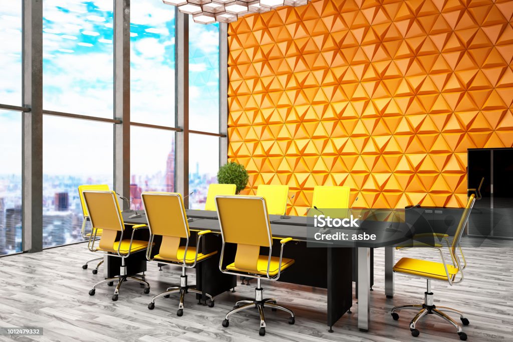 Orange Board Room Cozy style office with Geometric Orange wall Multi Colored Stock Photo