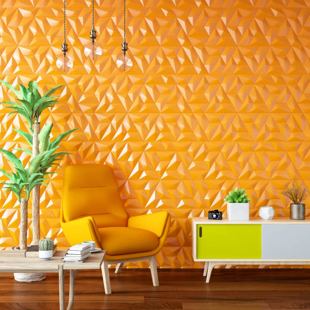 istock Modern Living Room with Sofa and Orange Geometric Wall 1012481874
