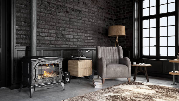 istock Loft Room with Sofa and Fire Place 1012486510