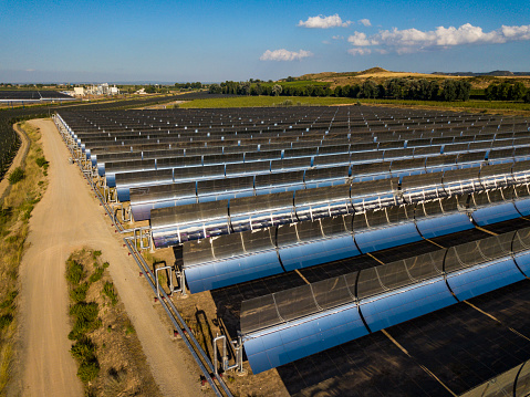 Aerial view of an electric power production field through solar cells located in Spain in Europe