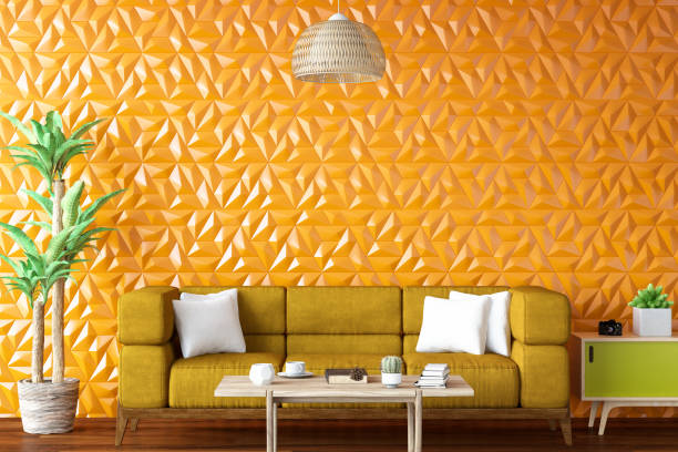 istock Modern Living Room with Sofa and Orange Geometric Wall 1012486642
