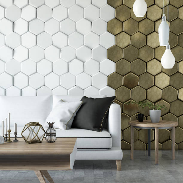 istock Modern Living Room with Sofa and Hexagonal Background 1012487254