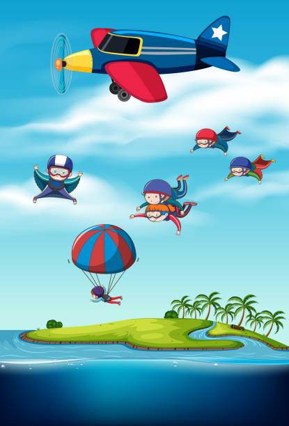 ilustrações de stock, clip art, desenhos animados e ícones de a set of activities in the sky - skydiving tandem parachute parachuting