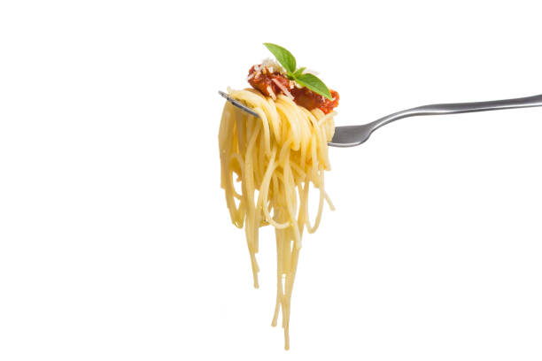 istock Spaghetti on fork with fresh tomato sauce, grated parmesan cheese and basil leaf for garnish, isolated on white background 1012497148