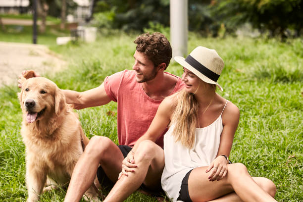 istock Young couple petting pooch 1012506362