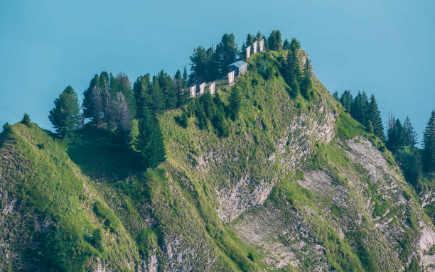 piccola casa in legno su una ripida montagna di fronte a un lago, brienzer rothorn svizzera - brienz bernese oberland village lake foto e immagini stock