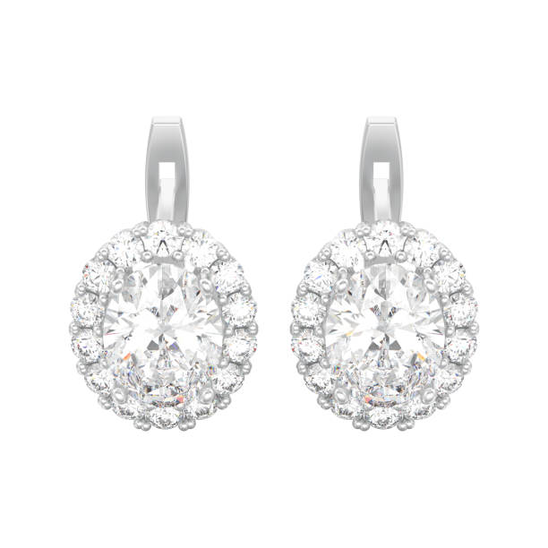 istock 3D illustration isolated white gold or silver diamond earrings with oval gemstone with hinged lock 1012513818