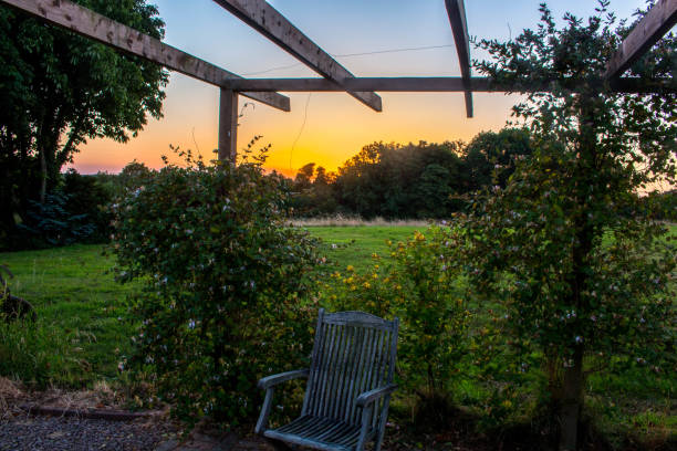 Bright Orange sunset over a garden in the British Countryside
