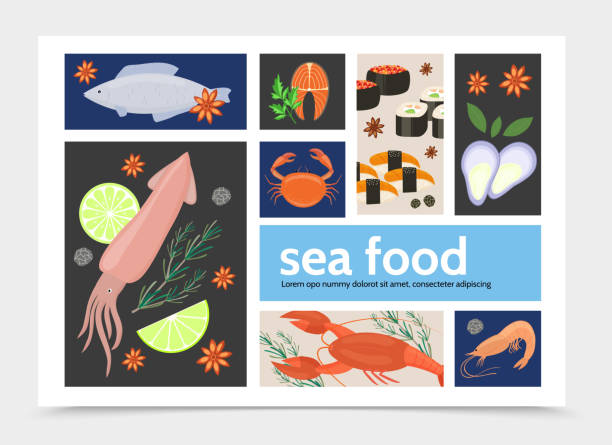 ilustrações de stock, clip art, desenhos animados e ícones de flat seafood infographic template - sea ideas concepts crab
