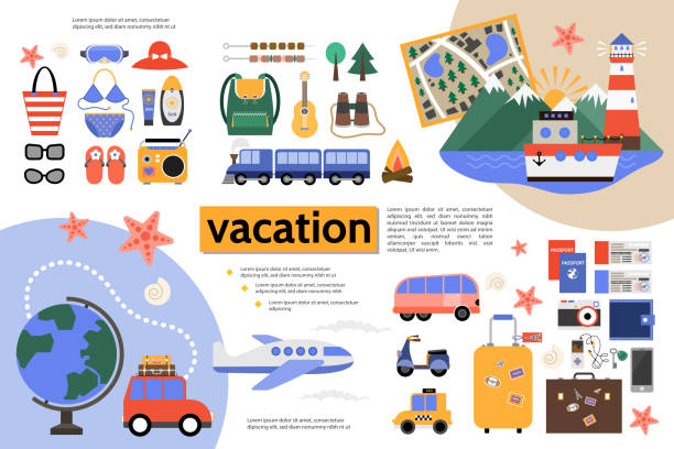 Flat Summer Vacation Infographic Concept Flat summer vacation infographic concept with traveling by car airplane train cruise ship camping and beach recreation elements vector illustration cruise ship cruise passport map stock illustrations