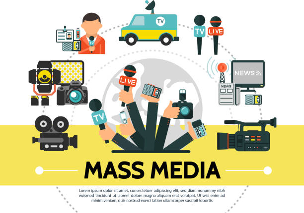 ilustrações de stock, clip art, desenhos animados e ícones de flat mass media concept - the media paparazzi photographer press conference microphone