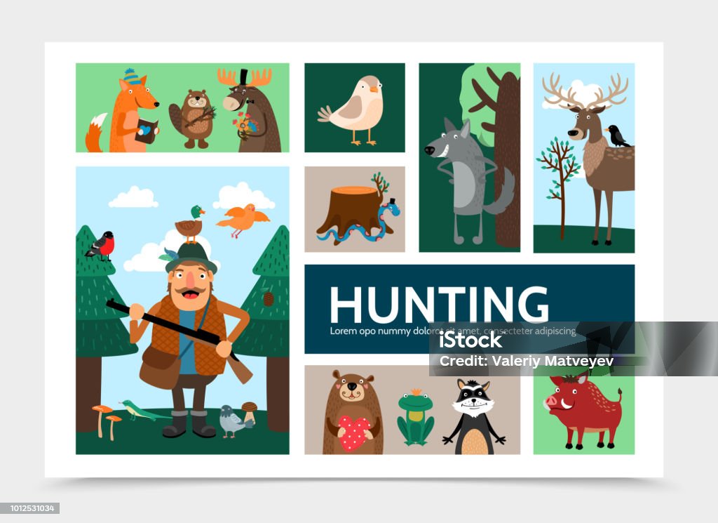 Flat Hunting Infographic Template Flat hunting infographic template with smiling hunter birds fox beaver elk deer wolf frog raccoon wild boar in forest vector illustration Adult stock vector