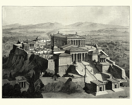 Vintage engraving of a Reconstruction of the Acropolis of Athens in Ancient times. The Acropolis of Athens is an ancient citadel located on a rocky outcrop above the city of Athens and contains the remains of several ancient buildings of great architectural and historic significance, the most famous being the Parthenon.