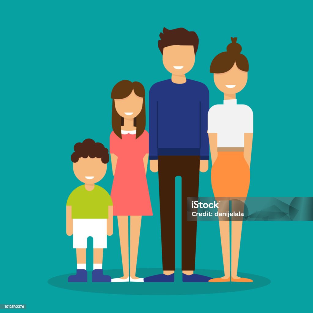 Family. Father, mother, son and daughter together. Flat vector illustration Family. Father, mother, son and daughter together. Flat vector illustration, family portrait Adult stock vector