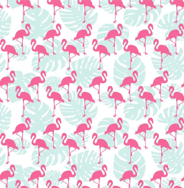 Vector illustration of Tropical seamless pattern with flamingos and mint green palm leaves