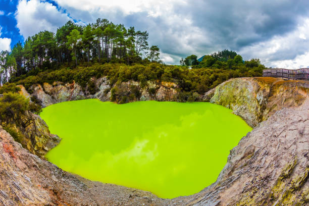 Thermal Wonderland is Wai - O - Tapu. Lake with green opaque water. New Zealand, North Island. The concept of active and phototourism