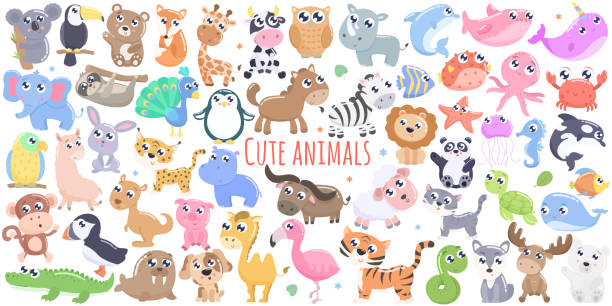 ilustraciones, imágenes clip art, dibujos animados e iconos de stock de conjunto de animales lindos grandes. - symbol sea animal owl