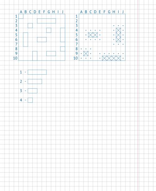 istock Children's school game sea battle. Drawing on a school notebook sheet. Naval battle board game on paper. 1012558726